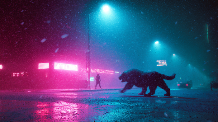 Снежная ночь в стиле Cyberpunk: неон, холод и мокрый асфальт