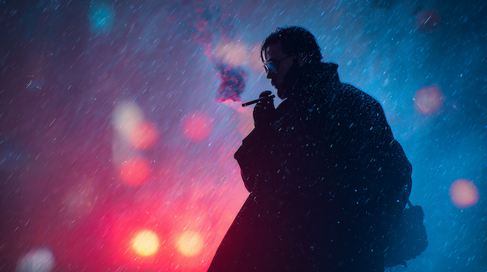 Cyberpunk Blizzard: персонажный постер в неоновой метели